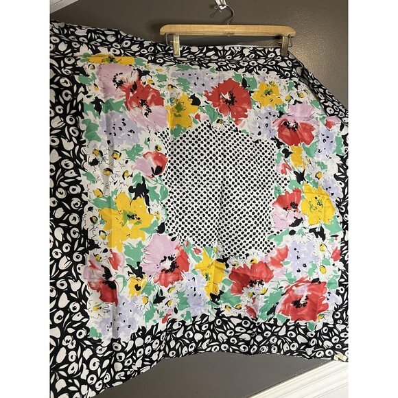 Avon Scarf Womens One Size Multicolor Floral Black White Polka Dot Made Italy - Picture 3 of 5